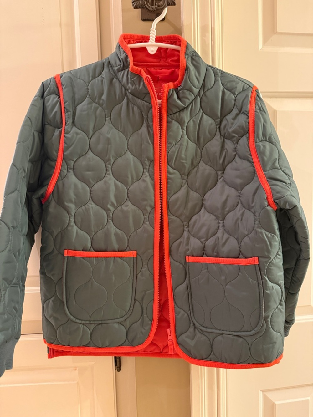 Girls Quilted Puffer Jacket in Green with Orange Trim
